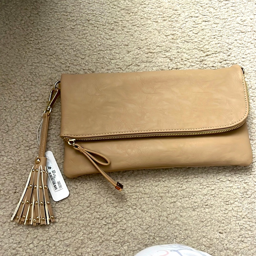 Beige Clutch Handbag with Detachable Crossbody Strap